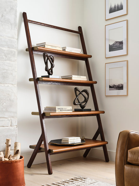 Maitland Smith Shiloh Bookshelf – Leather Wrapped English Walnut with Brass